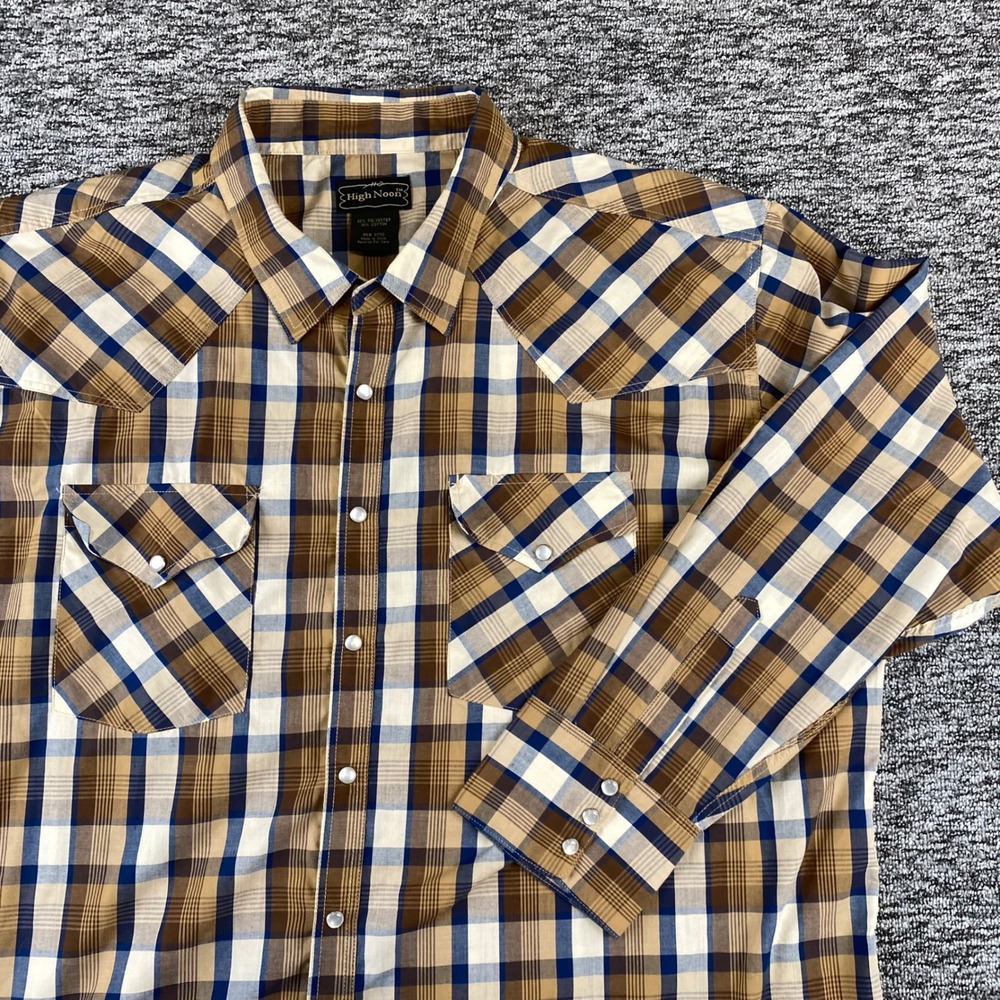 High Noon Mens 2XL RG Brown Blue Plaid Western Pearl Snap Cowboy Shirt